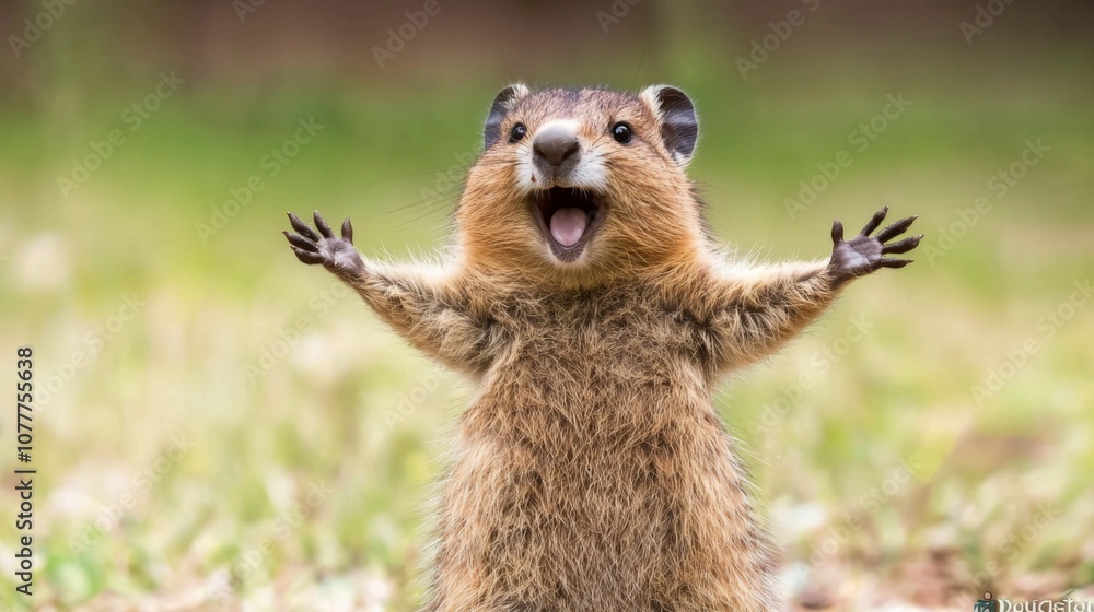 A cheerful meerkat stands on its hind legs, joyfully displaying its excitement in a grassy area during daylight hours A cheerful meerkat stands on its hind legs, joyfully displaying its excitement in a grassy area during daylight hours