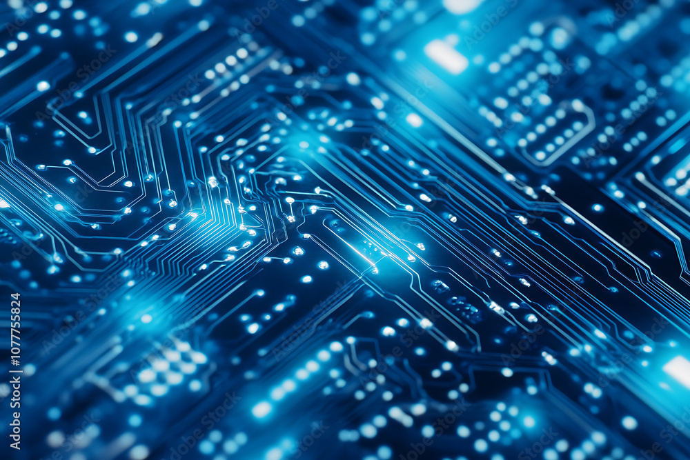 Close-up of a glowing neon circuit board pattern, showcasing intricate lines and electronic pathways in a vibrant blue hue Close-up of a glowing neon circuit board pattern, showcasing intricate lines and electronic pathways in a vibrant blue hue