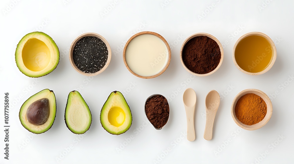 A row of bowls with various ingredients including avocados, chocolate A row of bowls with various ingredients including avocados, chocolate