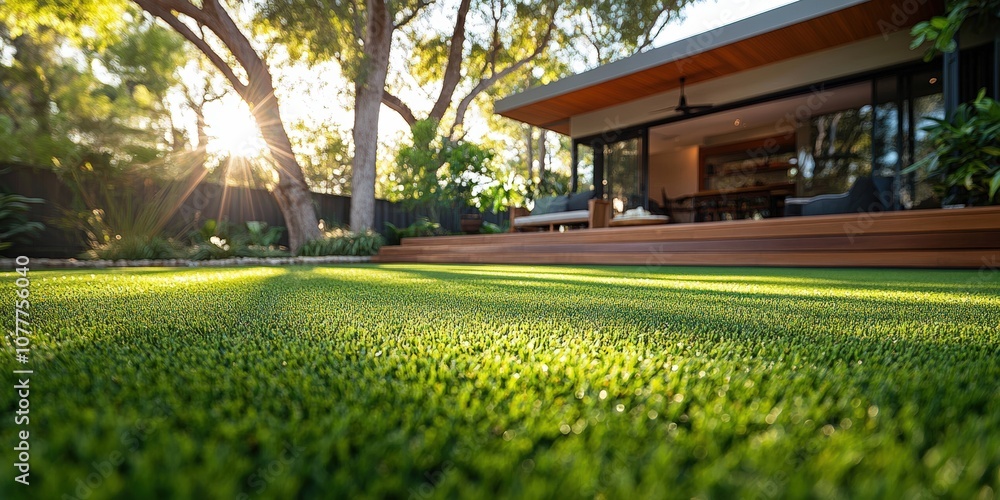 Obraz premium modern home with a backyard with artificial grass