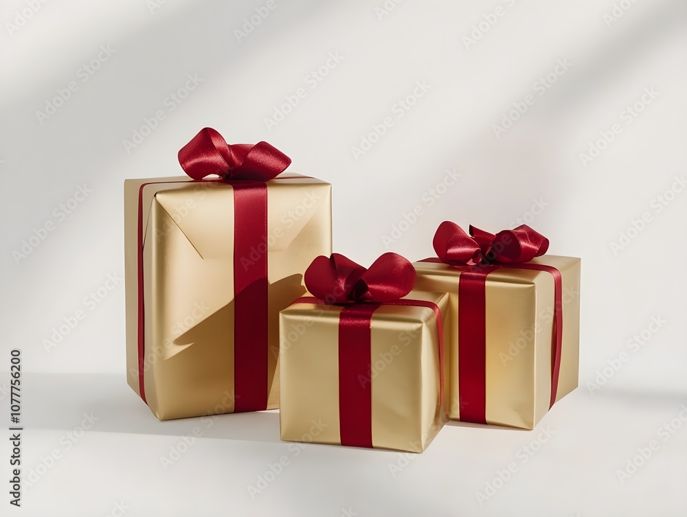 Fototapeta premium Golden Gifts and Gift Boxes with Red Ribbon Wrapping, Elegant Holiday or Celebration Presents with Festive Wrapping and Ribbon Accents