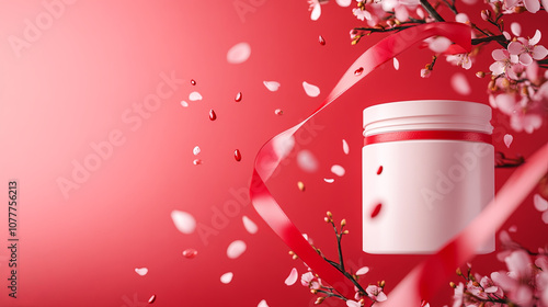 All white face mask jar mock up with cherry blossom petals and red ribbon. This elegant design evokes sense of beauty and freshness, perfect for skincare products photo