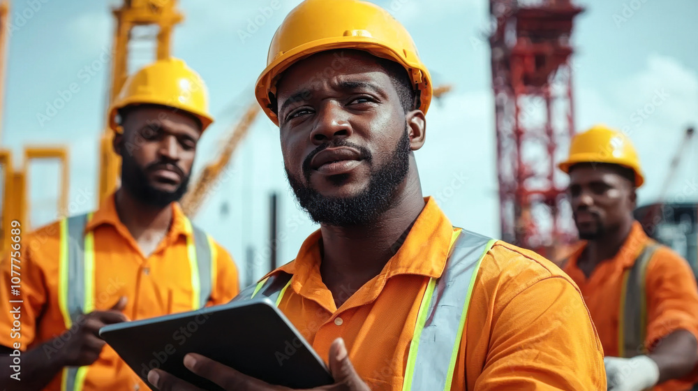Group of civil engineers in orange uniforms and hard hats using digital tablets on construction site, showcasing teamwork and modern technology Group of civil engineers in orange uniforms and hard hats using digital tablets on construction site, showcasing teamwork and modern technology