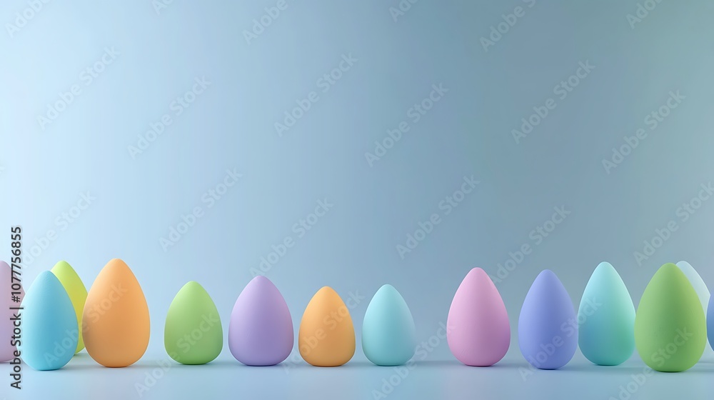 A row of colorful makeup sponges are lined up on a blue background A row of colorful makeup sponges are lined up on a blue background
