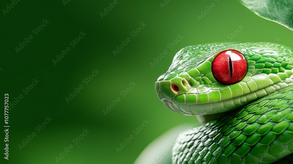 Fototapeta premium Close-up view of a striking green snake with red eyes resting on a leaf in a vibrant green environment