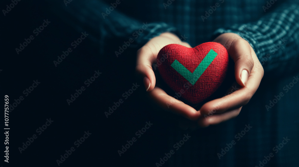 person holding red heart with green checkmark, symbolizing love and approval. image conveys warmth and positivity, emphasizing care and affirmation person holding red heart with green checkmark, symbolizing love and approval. image conveys warmth and positivity, emphasizing care and affirmation