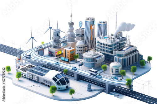 Modern smart city infrastructure featuring integrated renewable energy sources and advanced technology for sustainable urban living and future cities