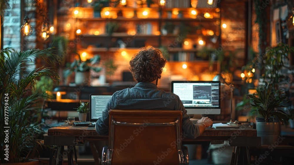 Rear view of a focused programmer working on multiple screens in a warm, plant-filled office with ambient lighting, creating a productive atmosphere. Rear view of a focused programmer working on multiple screens in a warm, plant-filled office with ambient lighting, creating a productive atmosphere.
