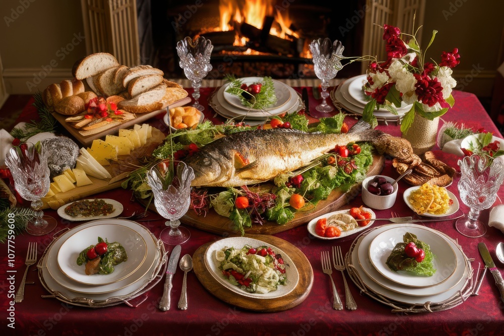Festive Dinner Table with Flaming Skewers Festive Dinner Table with Flaming Skewers