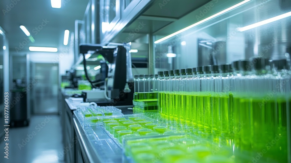 Green Themed Biopharmaceutical Laboratory with High-Tech Equipment and Cell Expansion Process, Advanced Biotechnology Research and Development Environment Green Themed Biopharmaceutical Laboratory with High-Tech Equipment and Cell Expansion Process, Advanced Biotechnology Research and Development Environment