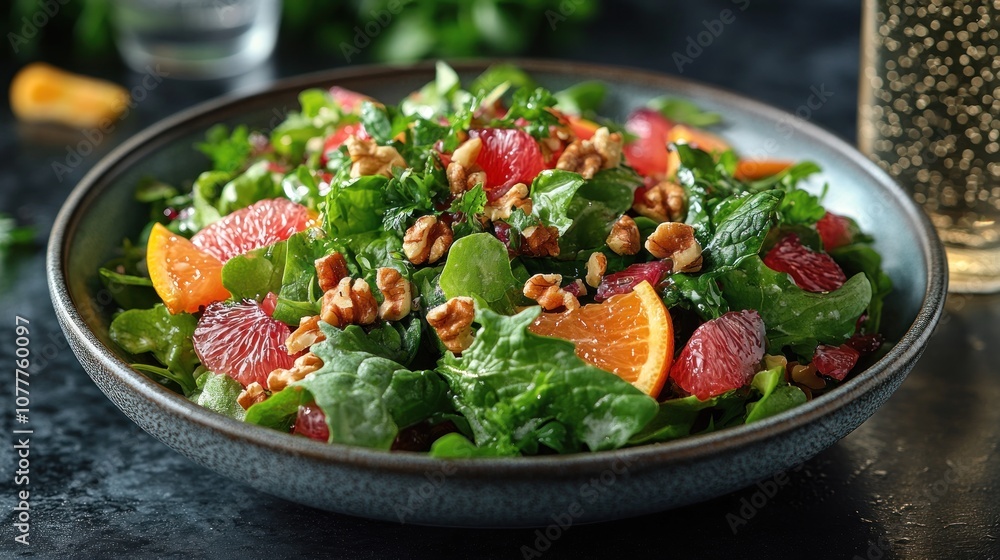 Fresh salad with greens, citrus, and walnuts in a bowl. Fresh salad with greens, citrus, and walnuts in a bowl.