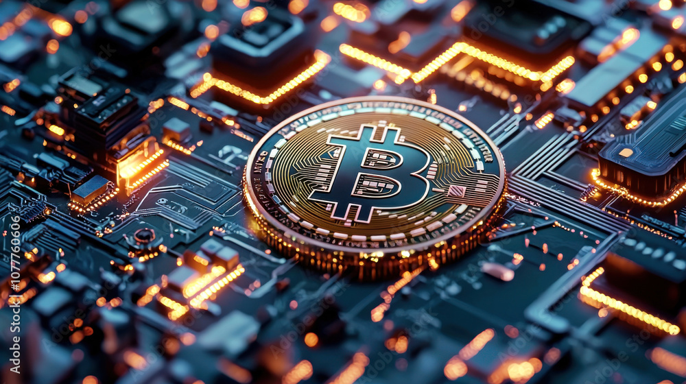 Majestic Bitcoin symbol on circuit board, glowing with energy and innovation. This captures essence of cryptocurrency technology and digital finance Majestic Bitcoin symbol on circuit board, glowing with energy and innovation. This captures essence of cryptocurrency technology and digital finance