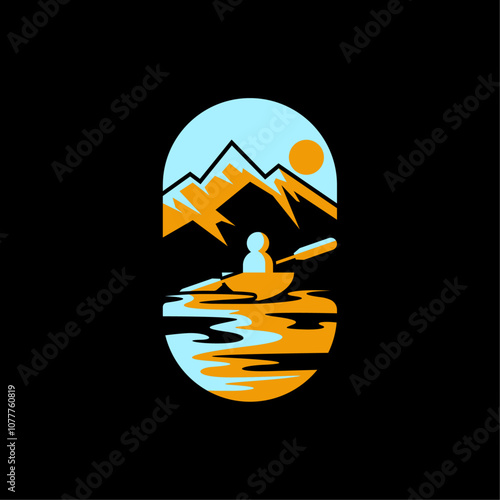 ILLUSTRATION 220 ABSTRACT VECTOR ART OF CANOEIST OR PADDLER WITH MOUNTAIN BACKGROUND
