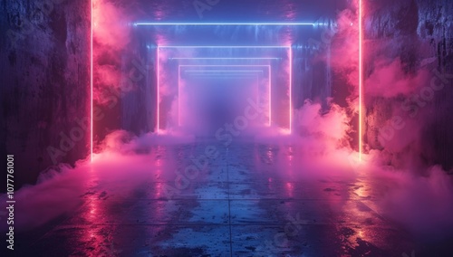 Neon Lights in a Foggy Corridor