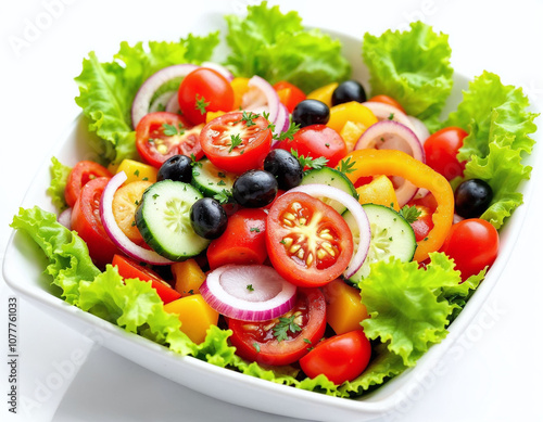 Mixed vegetables Salad in the white blow on the white background, fresh salad