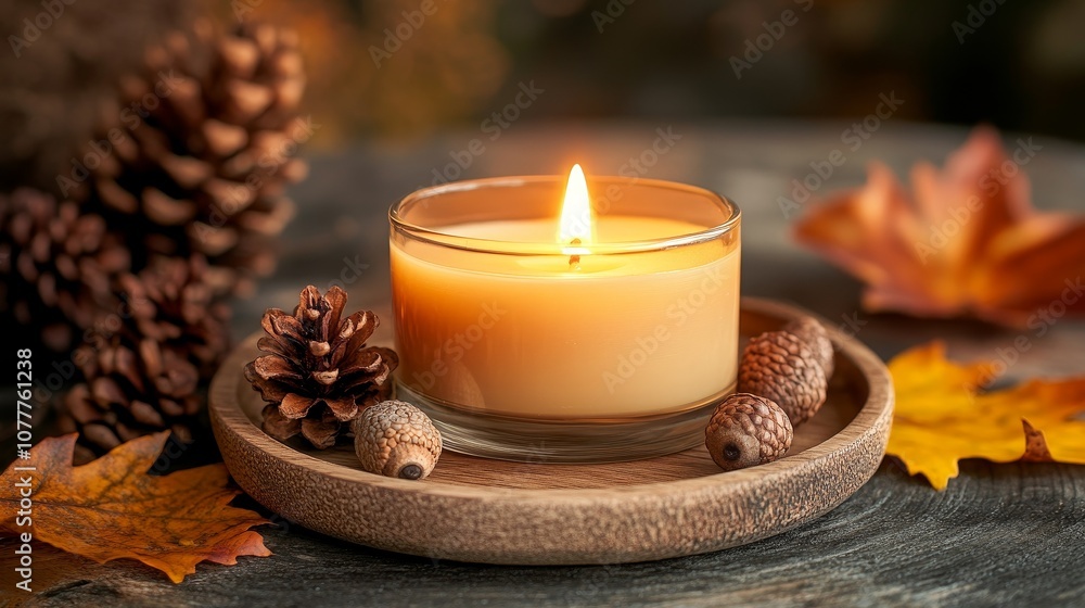 Warm Autumn Candle Display on Rustic Table with Pinecones, Acorns, and Fall Leaves in Cozy Candlelight, Creating a Peaceful and Serene Atmosphere for Seasonal Decoration with Ample Copy Space Warm Autumn Candle Display on Rustic Table with Pinecones, Acorns, and Fall Leaves in Cozy Candlelight, Creating a Peaceful and Serene Atmosphere for Seasonal Decoration with Ample Copy Space