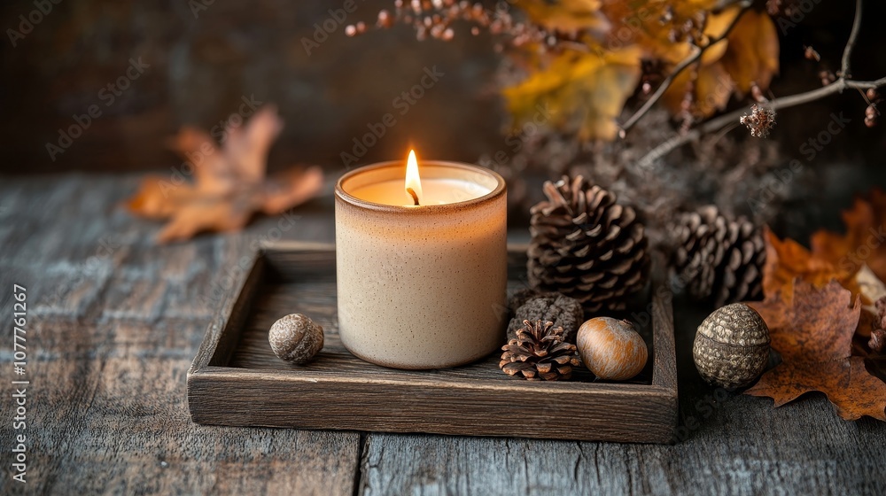 Warm Autumn Candle Display on Rustic Table with Pinecones, Acorns, and Fall Leaves in Cozy Candlelight, Creating a Peaceful and Serene Atmosphere for Seasonal Decoration with Ample Copy Space Warm Autumn Candle Display on Rustic Table with Pinecones, Acorns, and Fall Leaves in Cozy Candlelight, Creating a Peaceful and Serene Atmosphere for Seasonal Decoration with Ample Copy Space