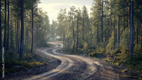 A picturesque gravel track winds through a lush forest, offering a peaceful escape into nature. The tranquil setting is perfect for outdoor adventures and exploration.