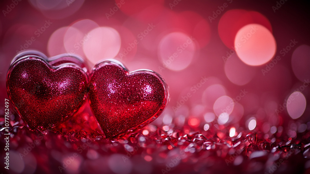 Two sparkling red heart decorations on a bed of sparkling red gems for Valentine's Day celebration Two sparkling red heart decorations on a bed of sparkling red gems for Valentine's Day celebration