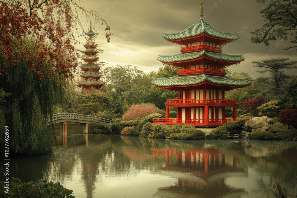 Serene Japanese garden with a peaceful pond, vibrant red pagoda, and lush greenery under a calming sky. Serene Japanese garden with a peaceful pond, vibrant red pagoda, and lush greenery under a calming sky.
