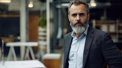 A confident European man in his forties with a full beard and modern business attire stands thoughtfully in an urban workspace, exuding professionalism and elegance.