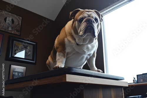 Calm Dog in Natural Light at Vet Clinic Examination Table photo