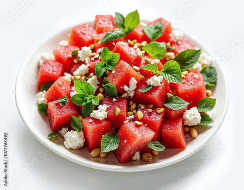 Watermelon Salad with feta cheese. in the white plate on the white background