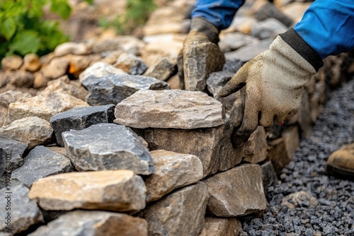 Close-up of landscaper laying stones for garden wall with level and gloves