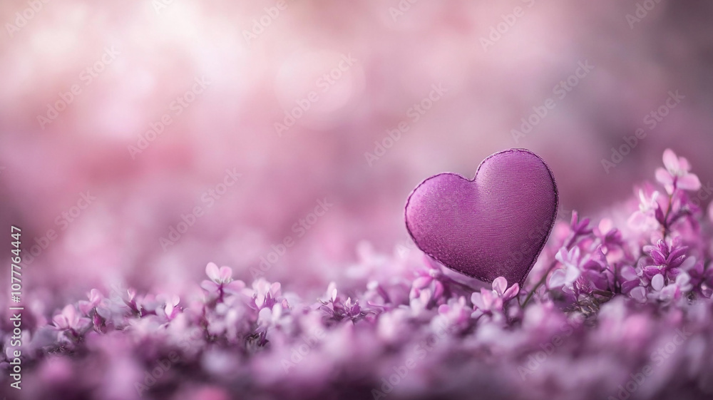 A purple heart decoration amidst blooming pink flowers for Valentine's Day celebration