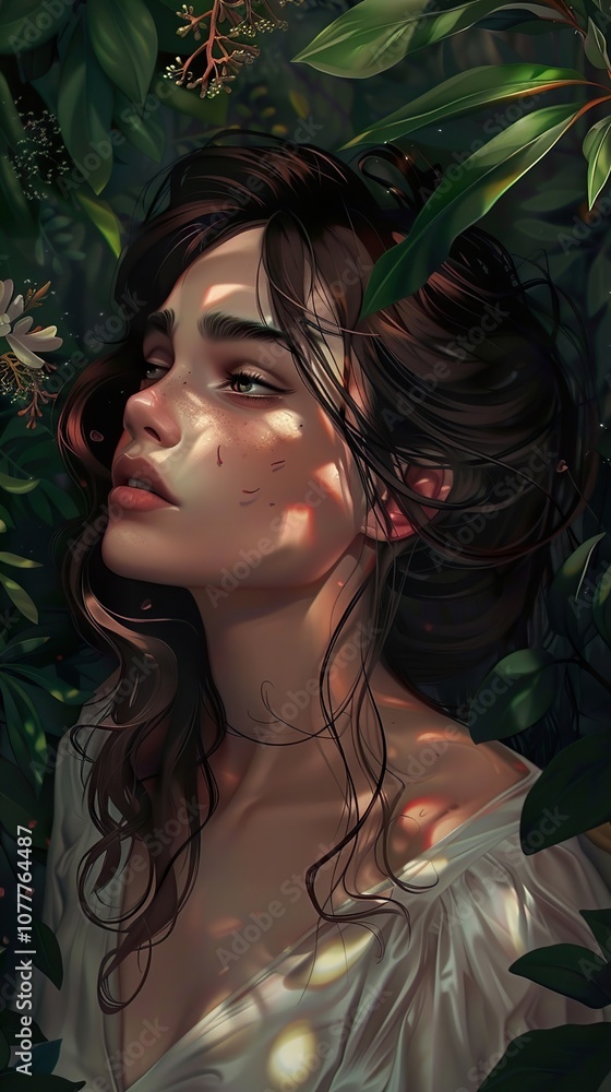 Dreamy Portrait of a Woman Surrounded by Lush Greenery Dreamy Portrait of a Woman Surrounded by Lush Greenery