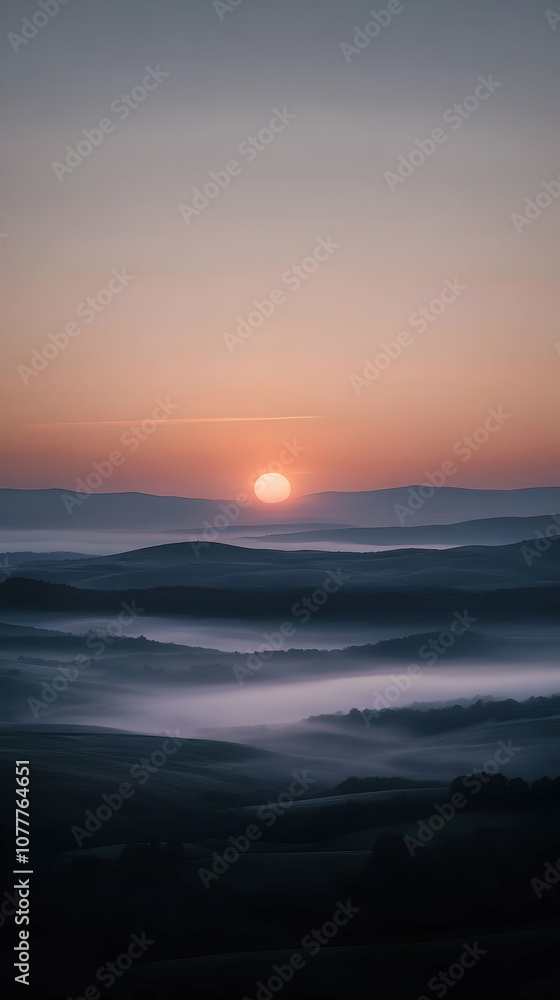 A vibrant sunrise paints the sky with warm hues as fog blankets the rolling hills below.