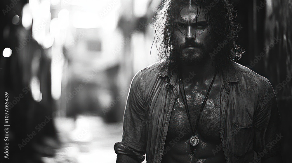 Fototapeta premium A rugged man with long hair stands in a narrow alleyway.