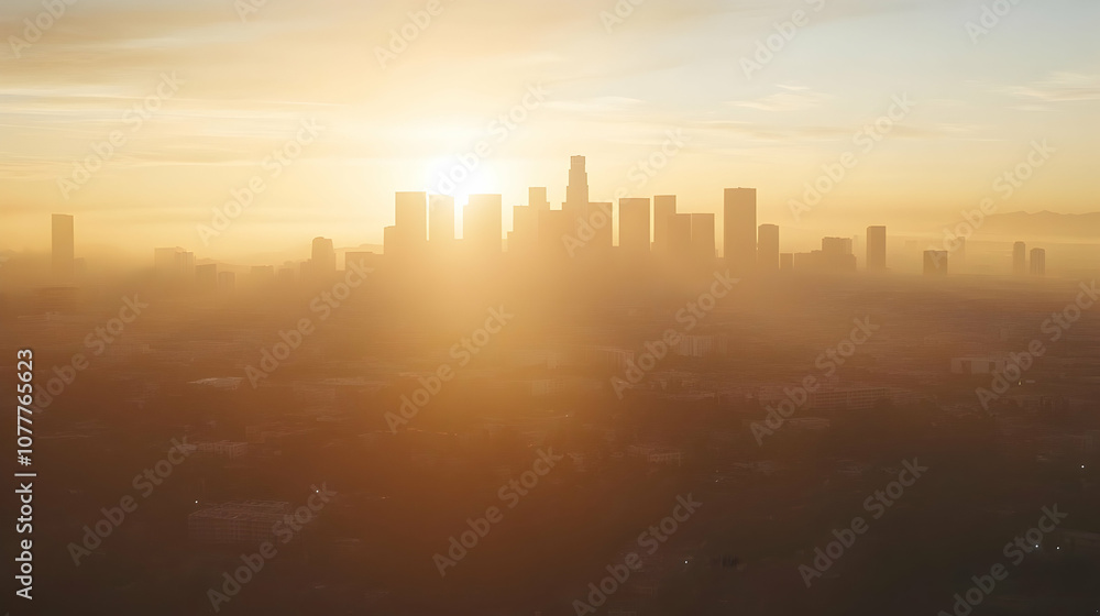 Silhouettes of skyscrapers in a city skyline during a sunrise with fog. Silhouettes of skyscrapers in a city skyline during a sunrise with fog.