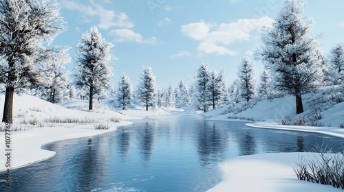 Winter Wonderland with Snowy Trees and Calm River Under a Clear Blue Sky, Evoking Serenity and Peaceful Beauty in a Natural Landscape Setting