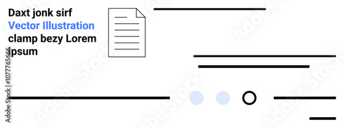 Document icon, text lines, blue text highlights, three dots, black circle. Ideal for website design, wireframes, user interface, minimalist design, blue accents, visual hierarchy. Great for modern