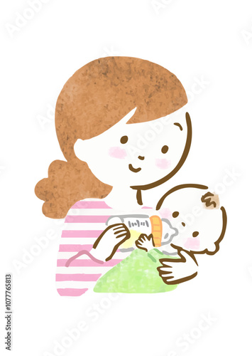 赤ちゃんにミルクをあげている母親の手描きイラスト