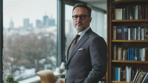 A middle-aged European man in formal attire stands confidently in an office setting with a city view, exuding professionalism and sophistication.