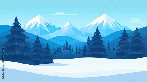 Serene Winter Landscape with Snow-Capped Mountains and Evergreen Trees Under a Clear Blue Sky, Ideal for Nature-Themed Projects and Seasonal Designs