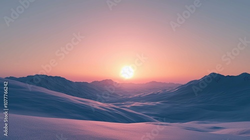 Serene Sunrise Over Snow-Capped Mountains with Soft Pink and Orange Sky Reflecting on a Tranquil Winter Landscape