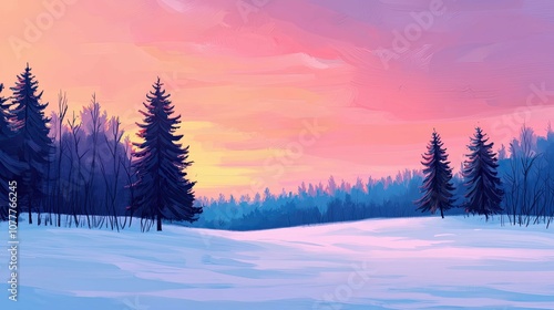 Serene Winter Landscape at Dusk with Vibrant Colors and Majestic Pine Trees in a Snow-Covered Field Under a Beautiful Twilight Sky