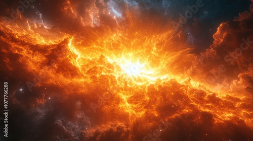 A fiery explosion in a nebula, with bright orange and yellow flames radiating outwards.