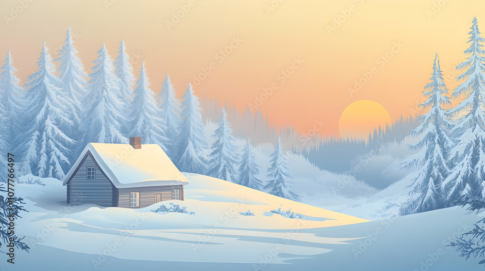 A cozy cabin nestled amidst a snow-covered forest, bathed in the warm glow of a winter sunset. A cozy cabin nestled amidst a snow-covered forest, bathed in the warm glow of a winter sunset.