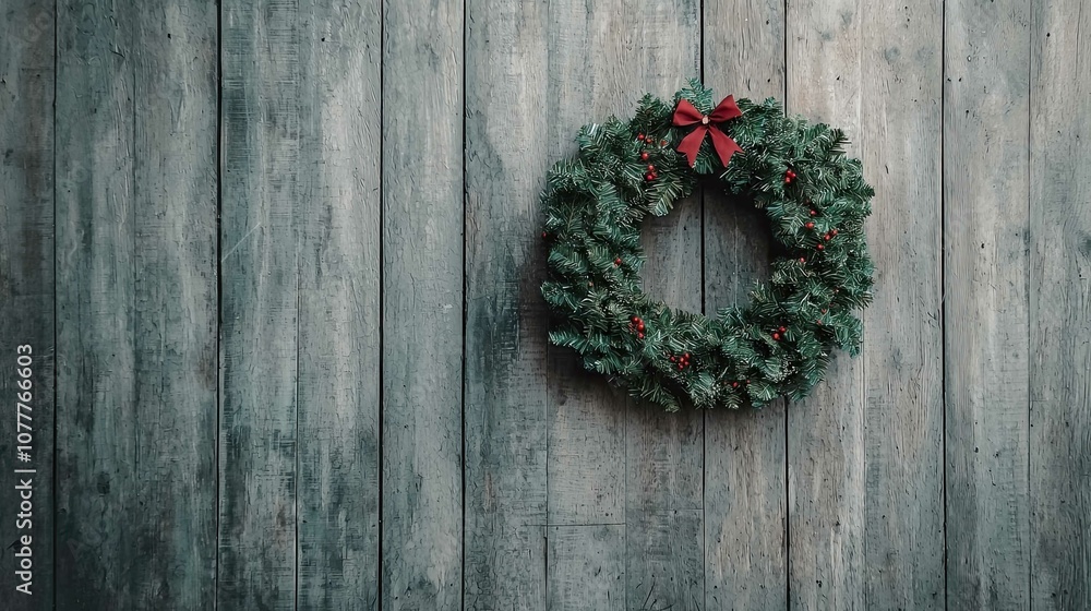 Festive Green Christmas Wreath with Red Bow and Ornaments Hang on Rustic Wooden Wall Perfect for Holiday Decorations and Seasonal Celebrations Festive Green Christmas Wreath with Red Bow and Ornaments Hang on Rustic Wooden Wall Perfect for Holiday Decorations and Seasonal Celebrations