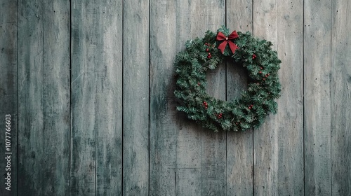 Festive Green Christmas Wreath with Red Bow and Ornaments Hang on Rustic Wooden Wall Perfect for Holiday Decorations and Seasonal Celebrations