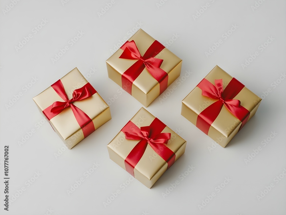 Golden Gifts and Gift Boxes with Red Ribbon Wrapping, Elegant Holiday or Celebration Presents with Festive Wrapping and Ribbon Accents