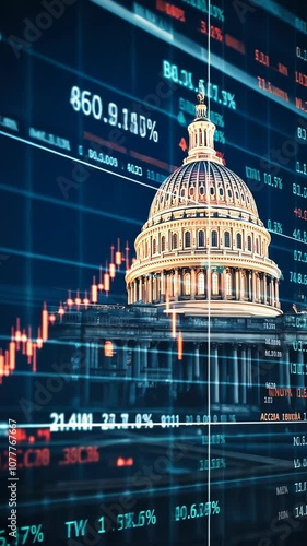 The US Capitol building is shown in front of a screen displaying stock market data