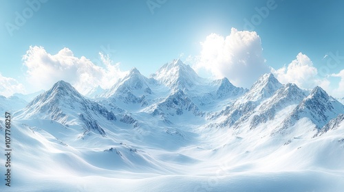 Snow-covered mountains under a clear blue sky with fluffy clouds.