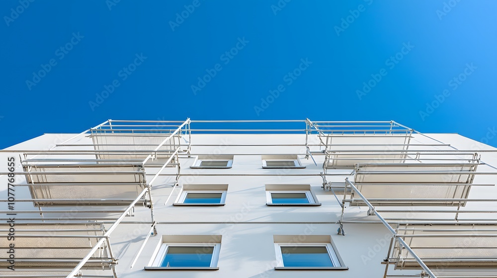 Fototapeta premium scaffolding structure against a high-rise building, showing reinforced steel pipes and platforms arranged meticulously to meet safety standards