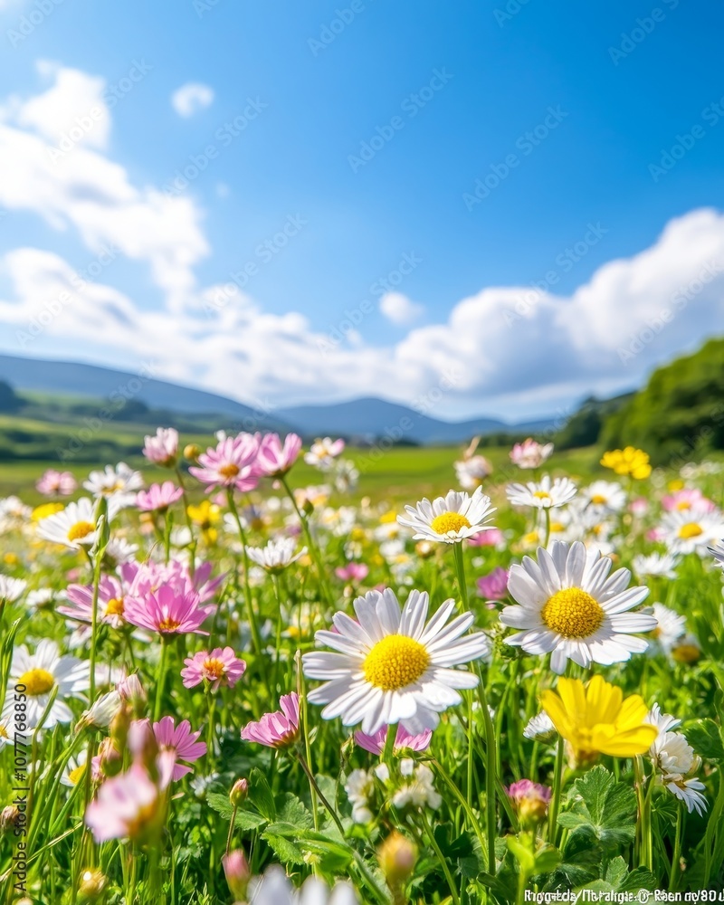 Create a Vivid Landscape Image Capturing a Vibrant Field of Flowers Under a Bright Blue Sky with Scenic Hills in the Background for Nature Enthusiasts Create a Vivid Landscape Image Capturing a Vibrant Field of Flowers Under a Bright Blue Sky with Scenic Hills in the Background for Nature Enthusiasts