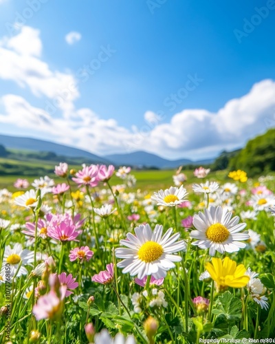 Create a Vivid Landscape Image Capturing a Vibrant Field of Flowers Under a Bright Blue Sky with Scenic Hills in the Background for Nature Enthusiasts